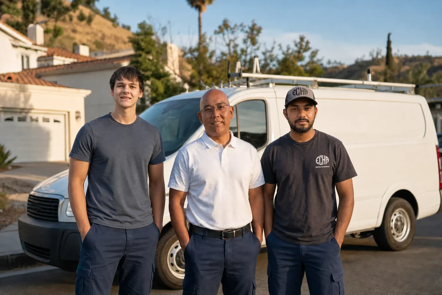 ECHA HVAC owner Emerson Cesa standing with two of his technicians beside a company service van in a Sacramento-area neighborhood