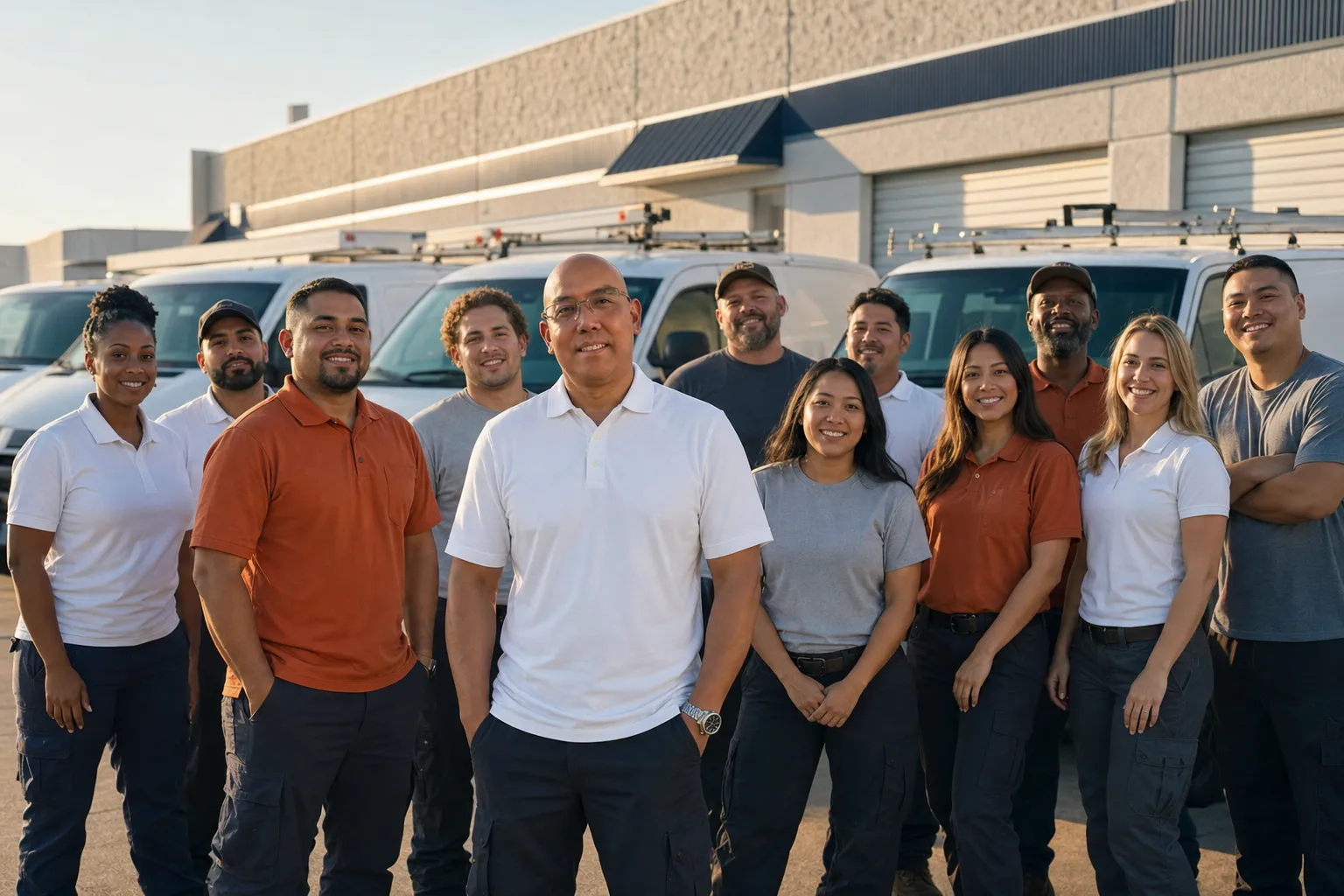 The full ECHA HVAC Sacramento crew standing with owner Emerson Cesa in front of a fleet of white service vans