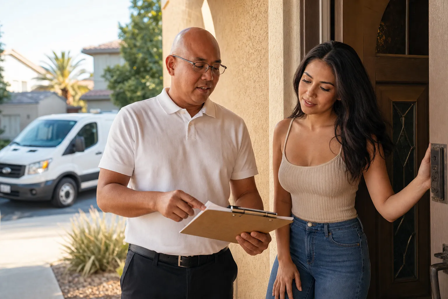ECHA HVAC Sacramento owner Emerson Cesa reviewing a written HVAC estimate on a clipboard with a homeowner at her front door, branded service van parked in the driveway