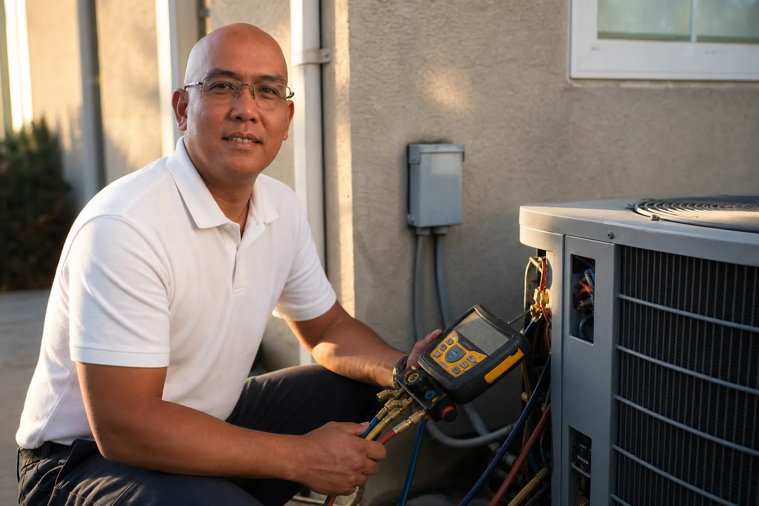 Emerson Cesa, owner of ECHA HVAC Sacramento, kneeling at a residential AC condenser with manifold gauges at golden hour in Sacramento, CA