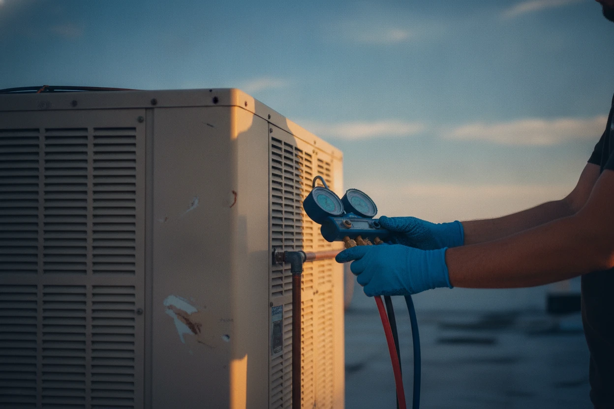 Technician checking refrigerant on a rooftop commercial AC condenser in Sacramento