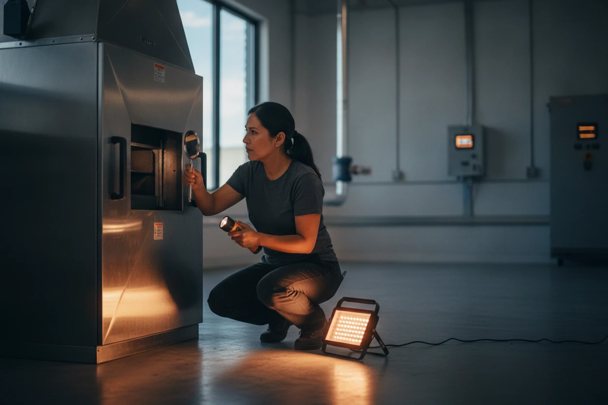 ECHA HVAC technician servicing a commercial gas furnace in a Sacramento building