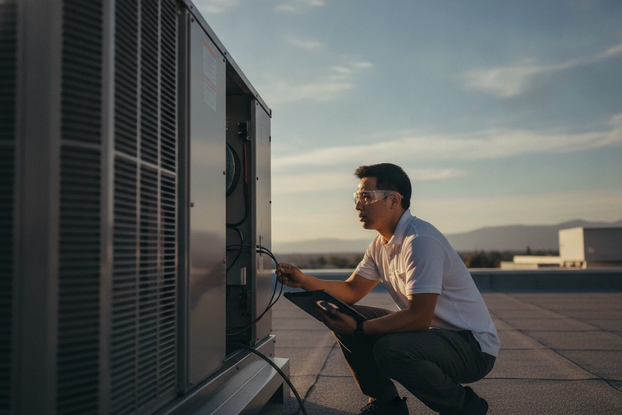 ECHA HVAC technician servicing a commercial rooftop heat pump on a Sacramento building