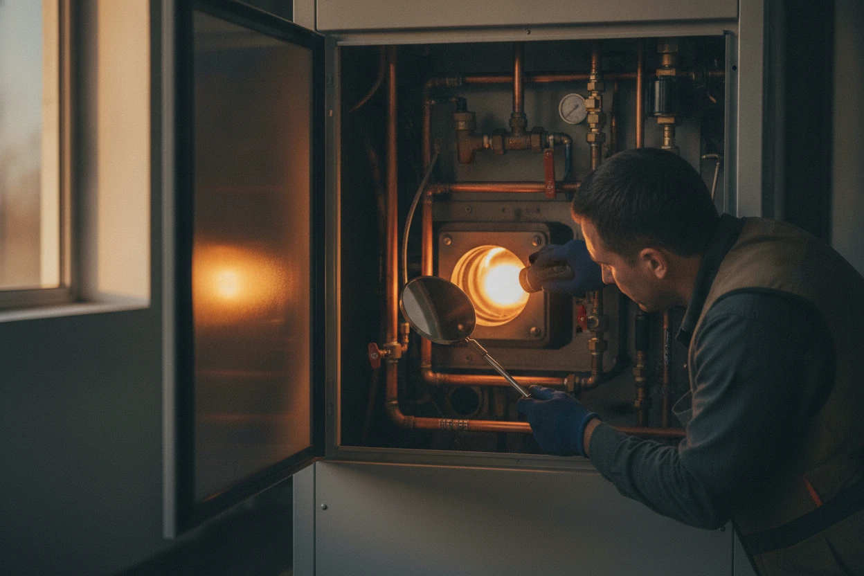 Technician inspecting the burner of a commercial rooftop heating unit in Sacramento