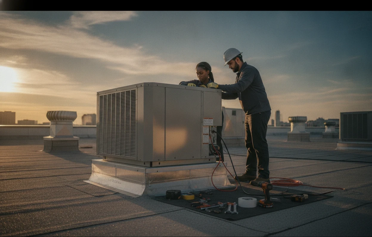 Crew guiding a new packaged rooftop HVAC unit into place during a commercial installation in Sacramento