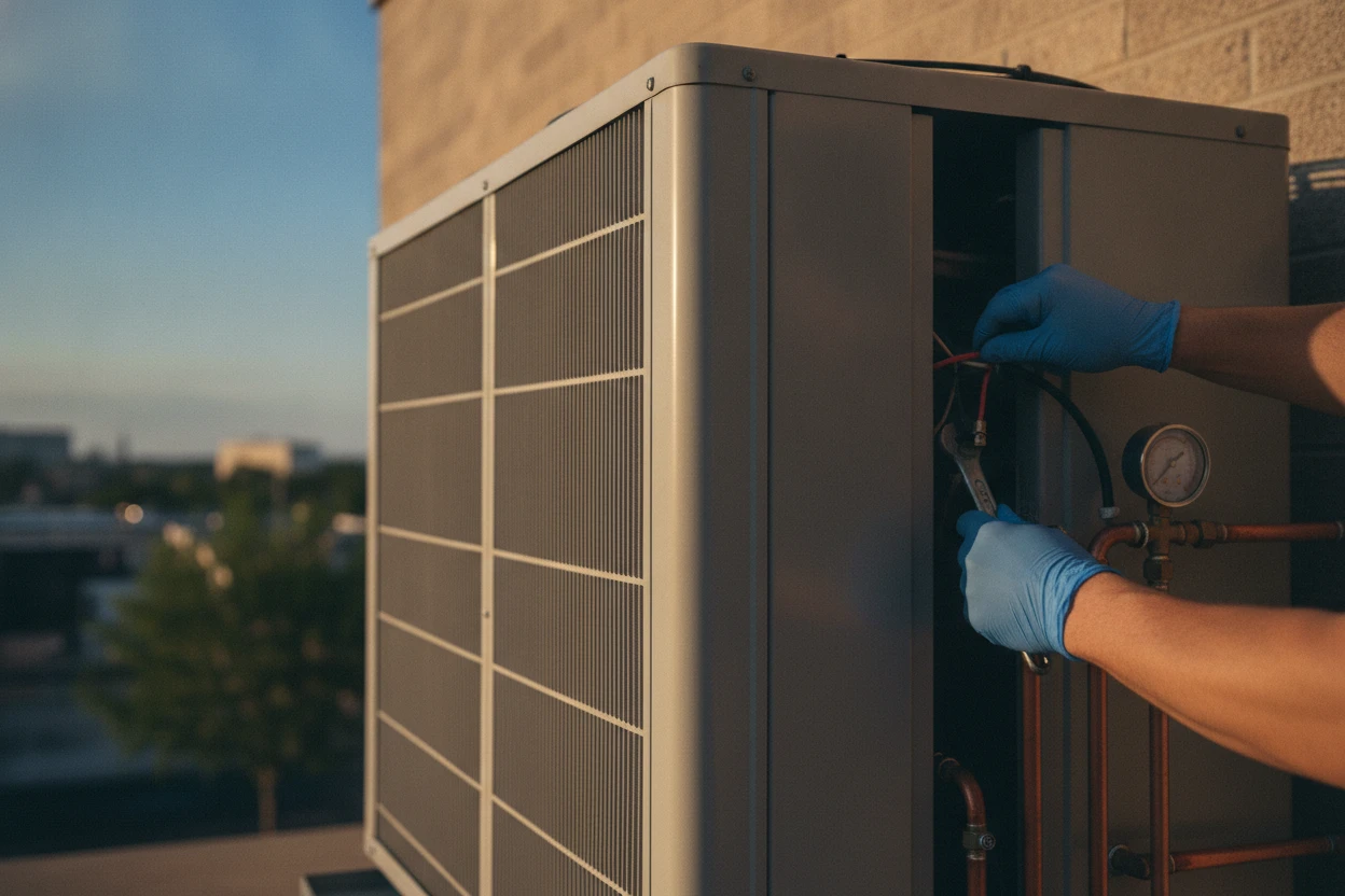 Technician checking refrigerant on a commercial refrigeration condenser in Sacramento