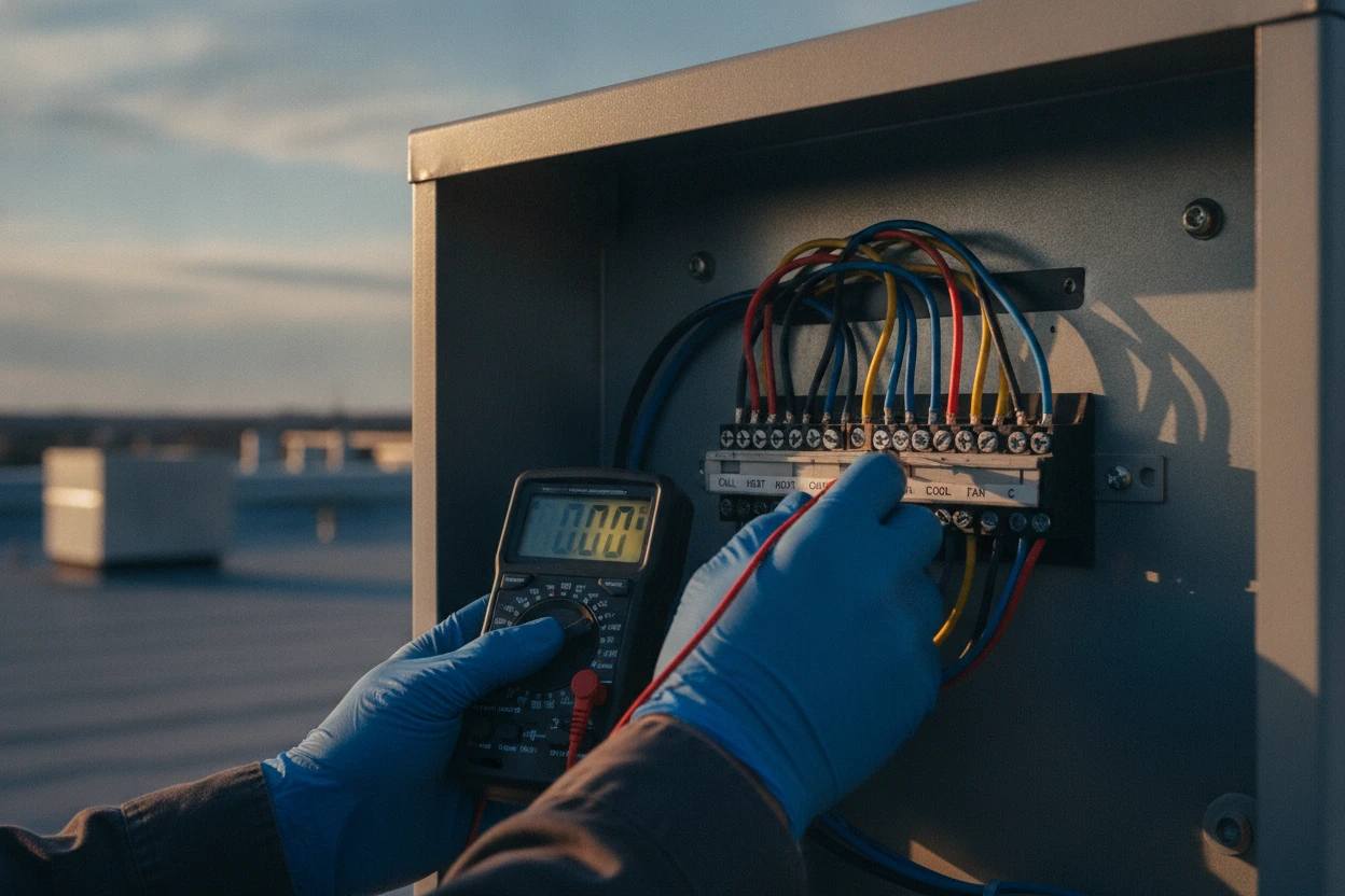 Technician diagnosing the control panel of a commercial rooftop unit in Sacramento