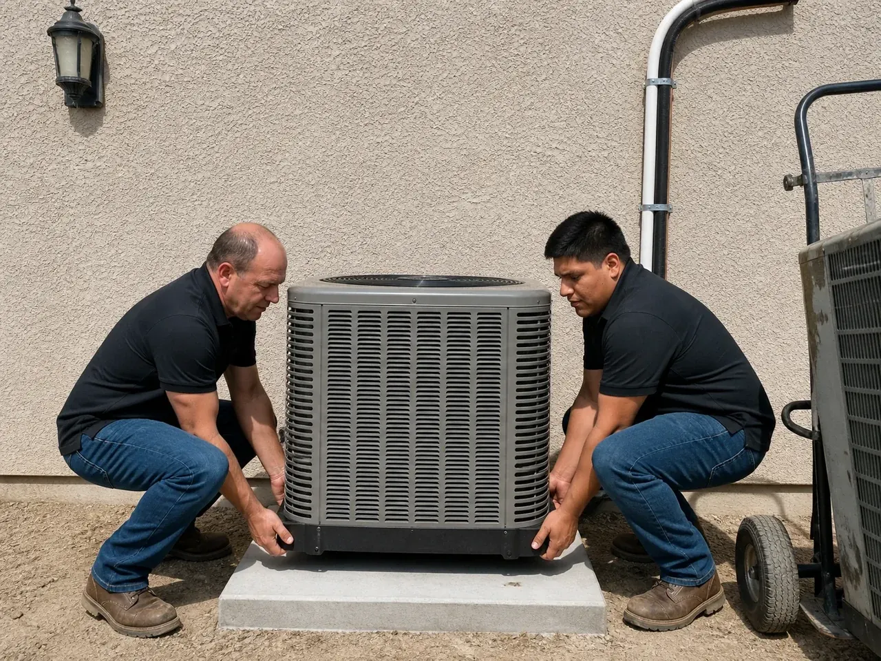 Two ECHA HVAC technicians lowering a new air conditioning condenser onto a concrete pad during a Sacramento-area installation