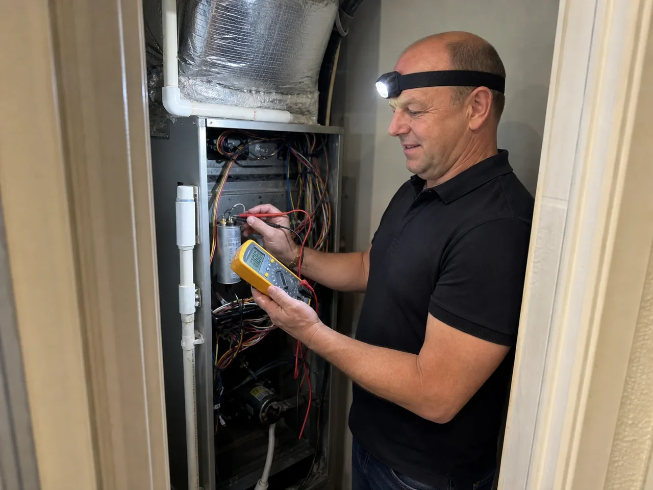 ECHA HVAC technician testing a dual-run capacitor with a multimeter at an open air handler cabinet during a Sacramento HVAC repair