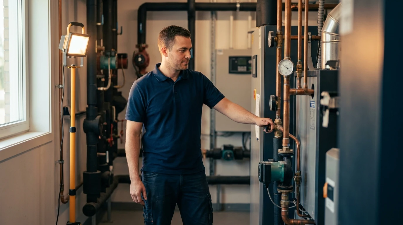 ECHA HVAC technician servicing a commercial boiler in a Sacramento mechanical room