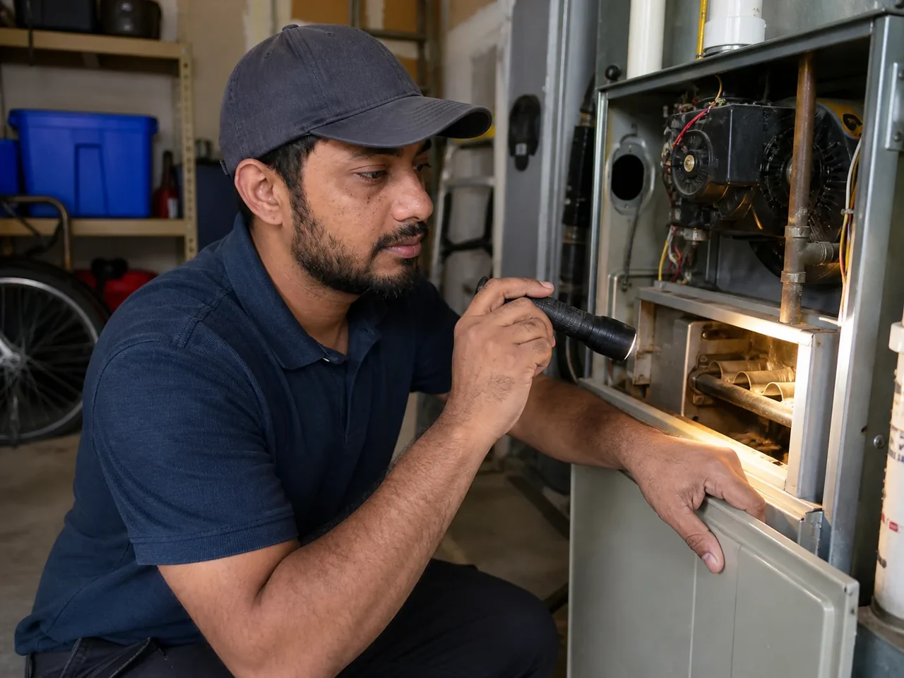 ECHA HVAC technician inspecting a furnace burner compartment with a flashlight in a Sacramento-area garage