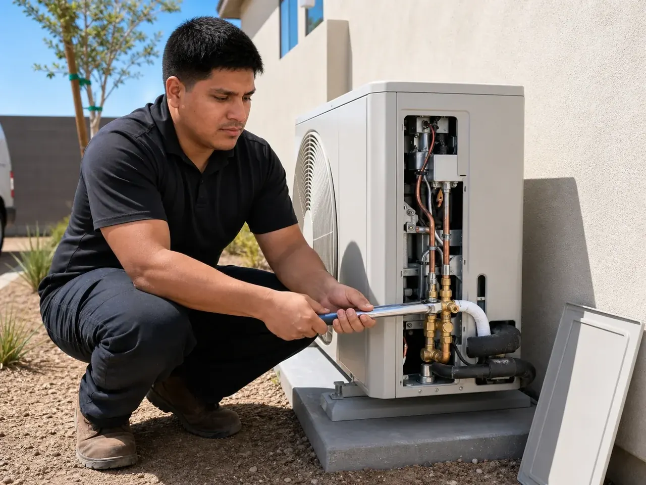 ECHA HVAC technician making line set connections at the service valve panel of a newly installed heat pump outdoor unit
