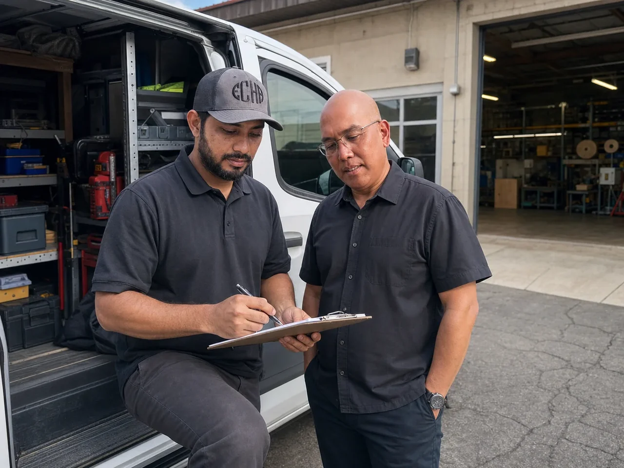 ECHA HVAC owner and technicians with a service van outside the company shop on Cook Riolo Rd in Antelope, California