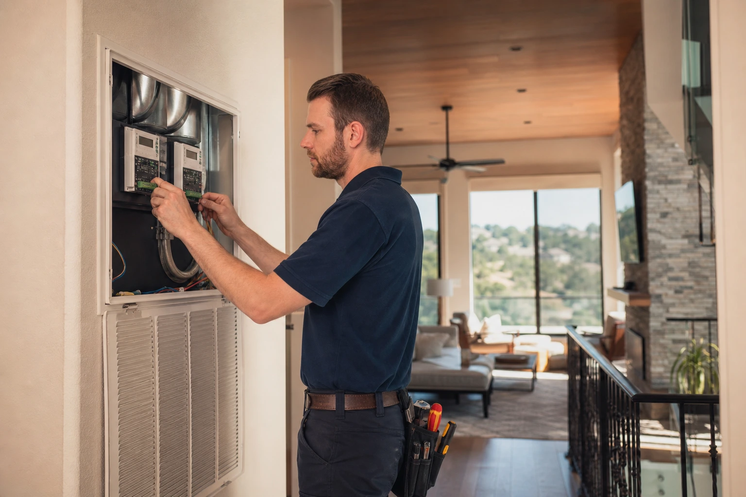 HVAC technician inspecting dual-zone control panel and zoning damper system in upscale El Dorado Hills home with high ceilings and modern interior finishes