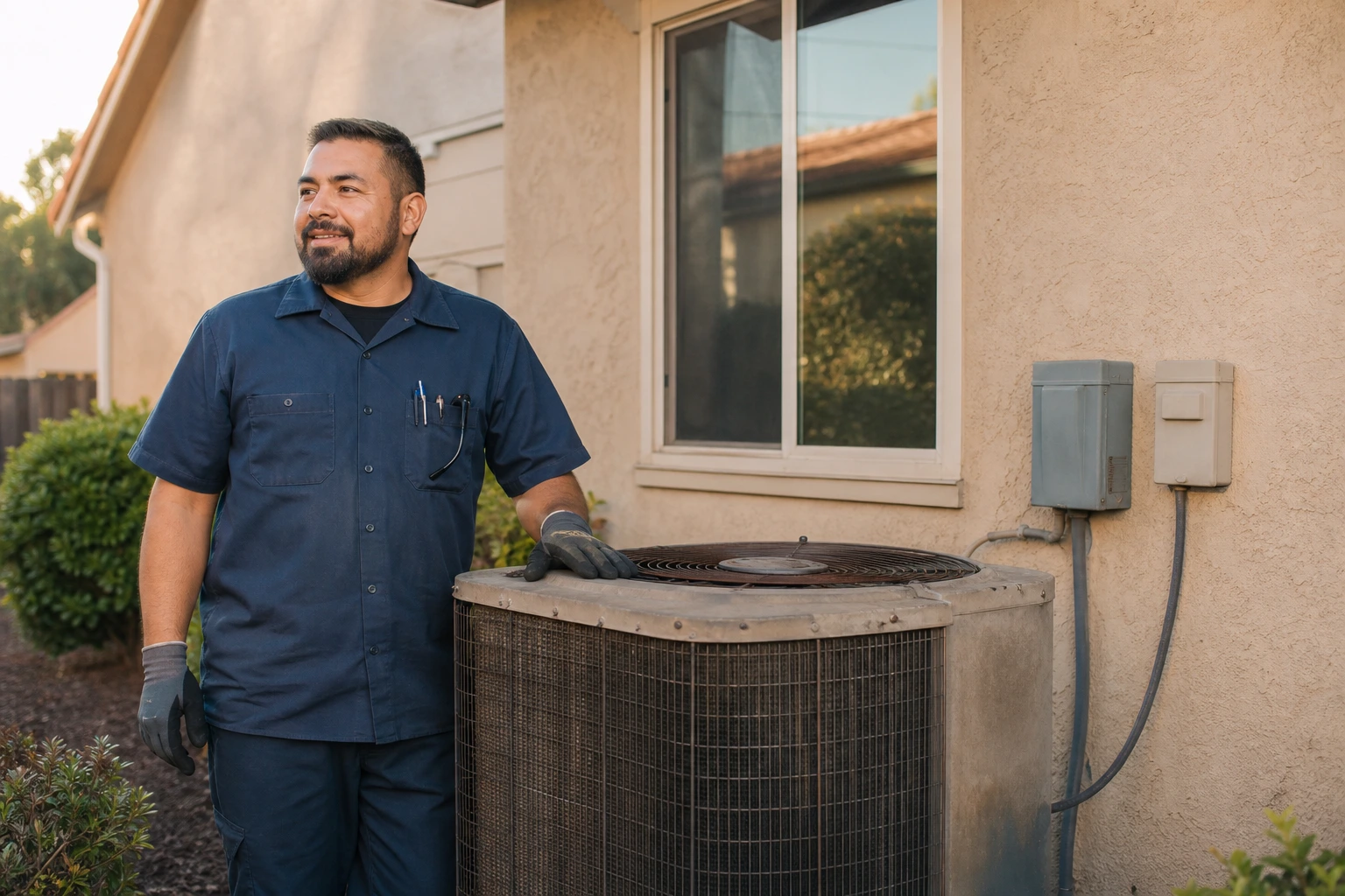 HVAC technician inspecting aged condenser unit on mid-2000s tract home in Elk Grove with stucco exterior and builder landscaping