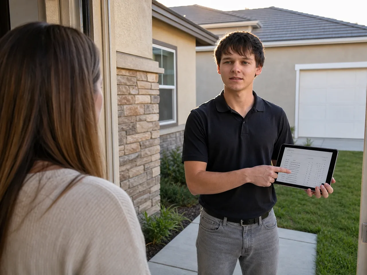 ECHA HVAC technician reviewing a completed service report on a tablet with a homeowner at the front door of an Elk Grove, California home