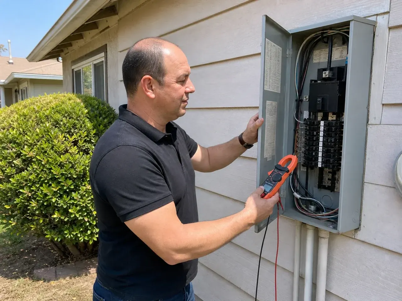 ECHA HVAC technician checking the main breaker rating at an exterior electrical service panel on a North Highlands, California home