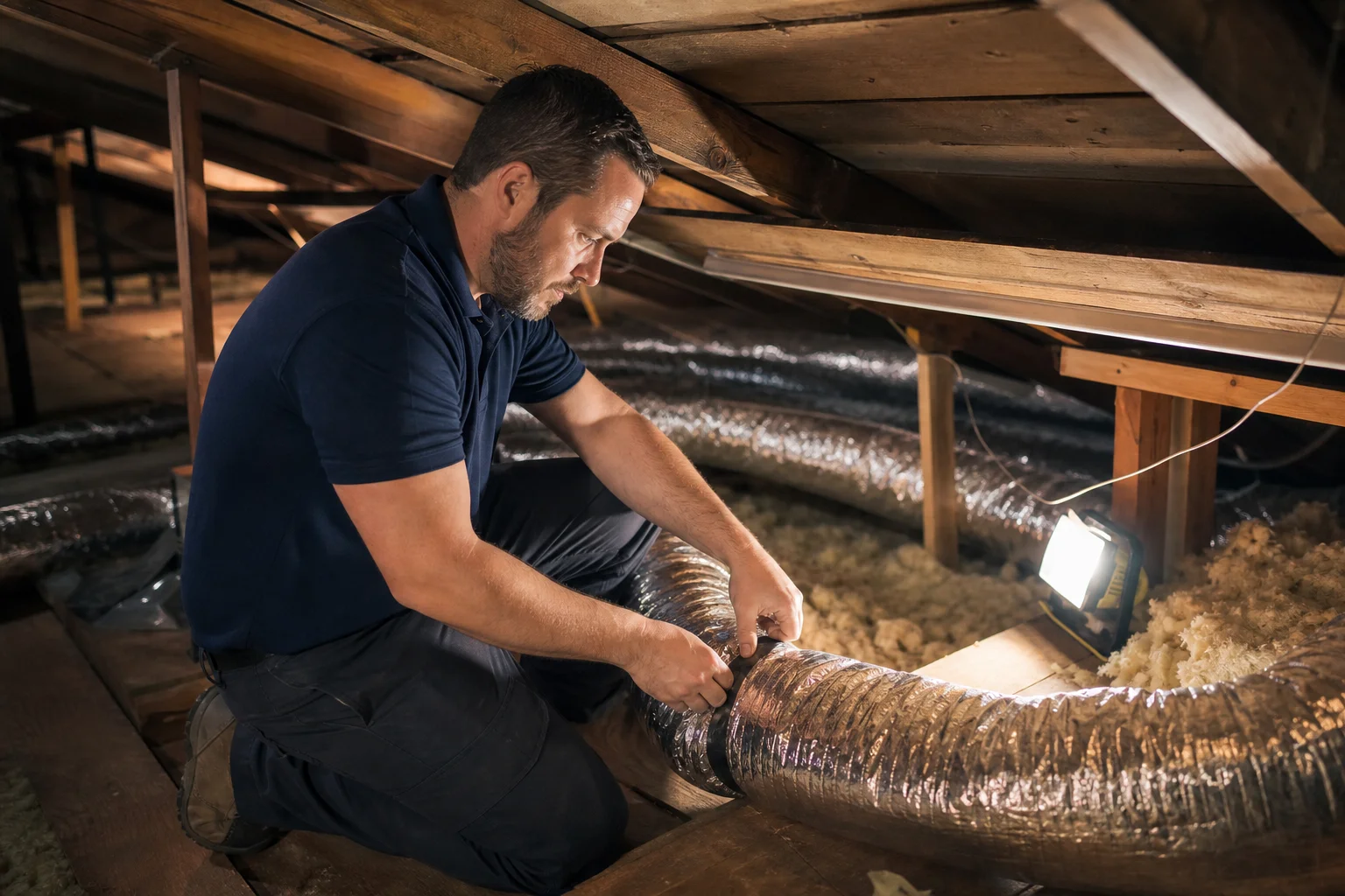 HVAC technician in navy polo servicing flex ductwork in residential attic space, work light illuminating copper connectors and insulation in 1970s Rancho Cordova ranch home