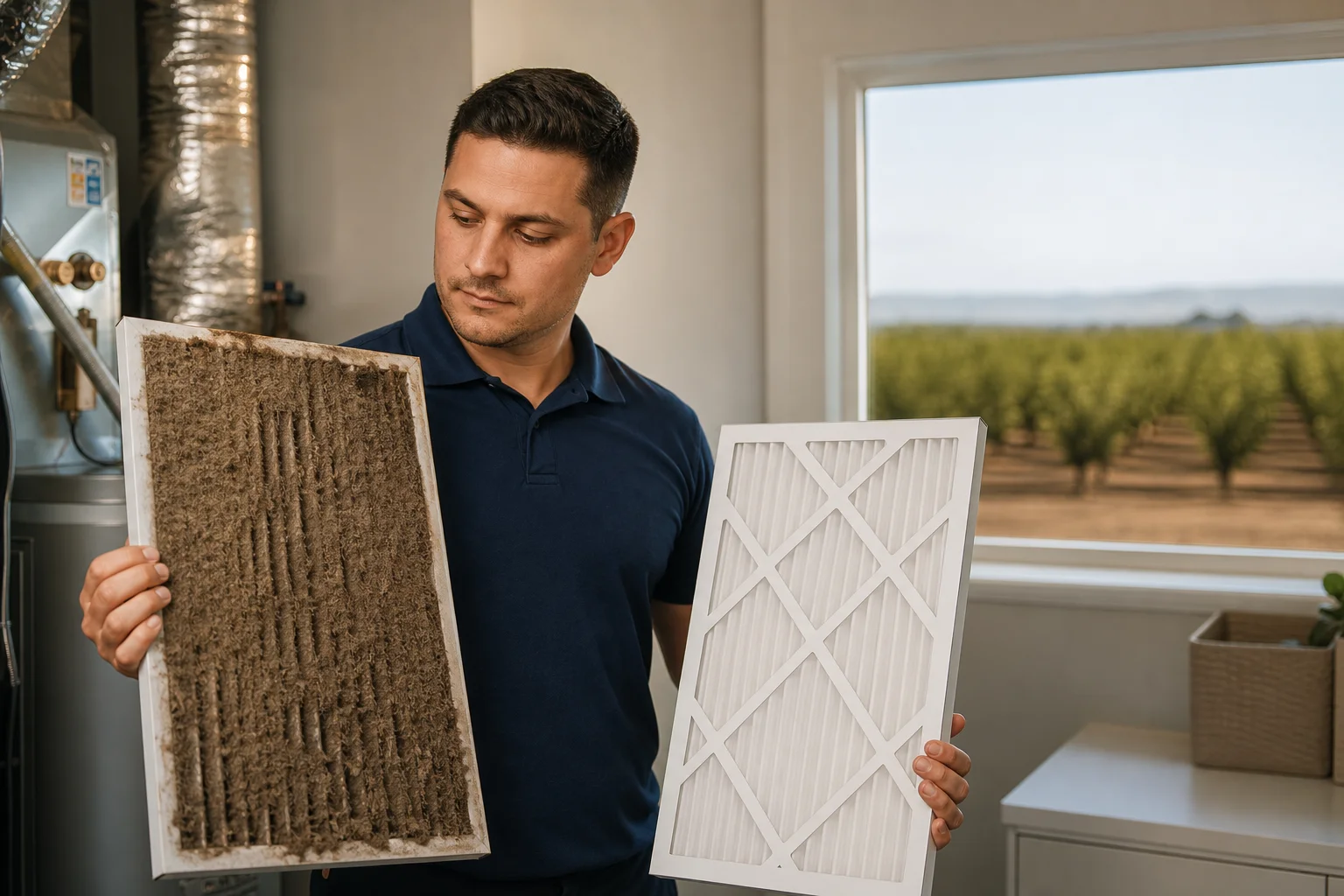 HVAC technician in navy polo in Yuba City utility room comparing clogged air filter packed with agricultural dust to clean replacement, orchard rows visible through window in background