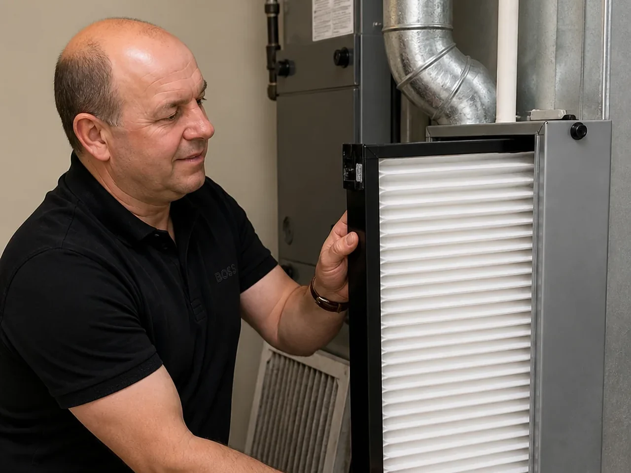 ECHA HVAC technician sliding a clean pleated media filter into a whole-house filter cabinet at a Sacramento home