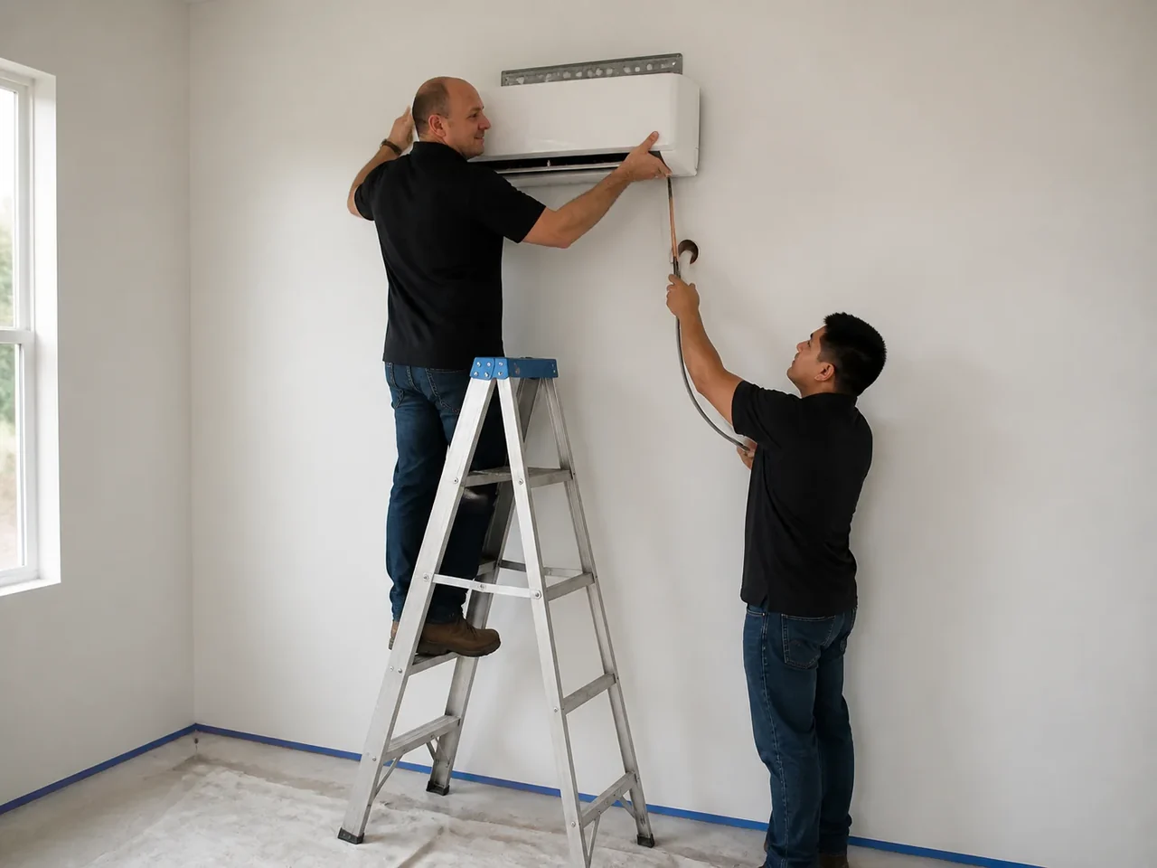 Two ECHA HVAC technicians mounting a ductless mini split wall head during a Sacramento-area installation
