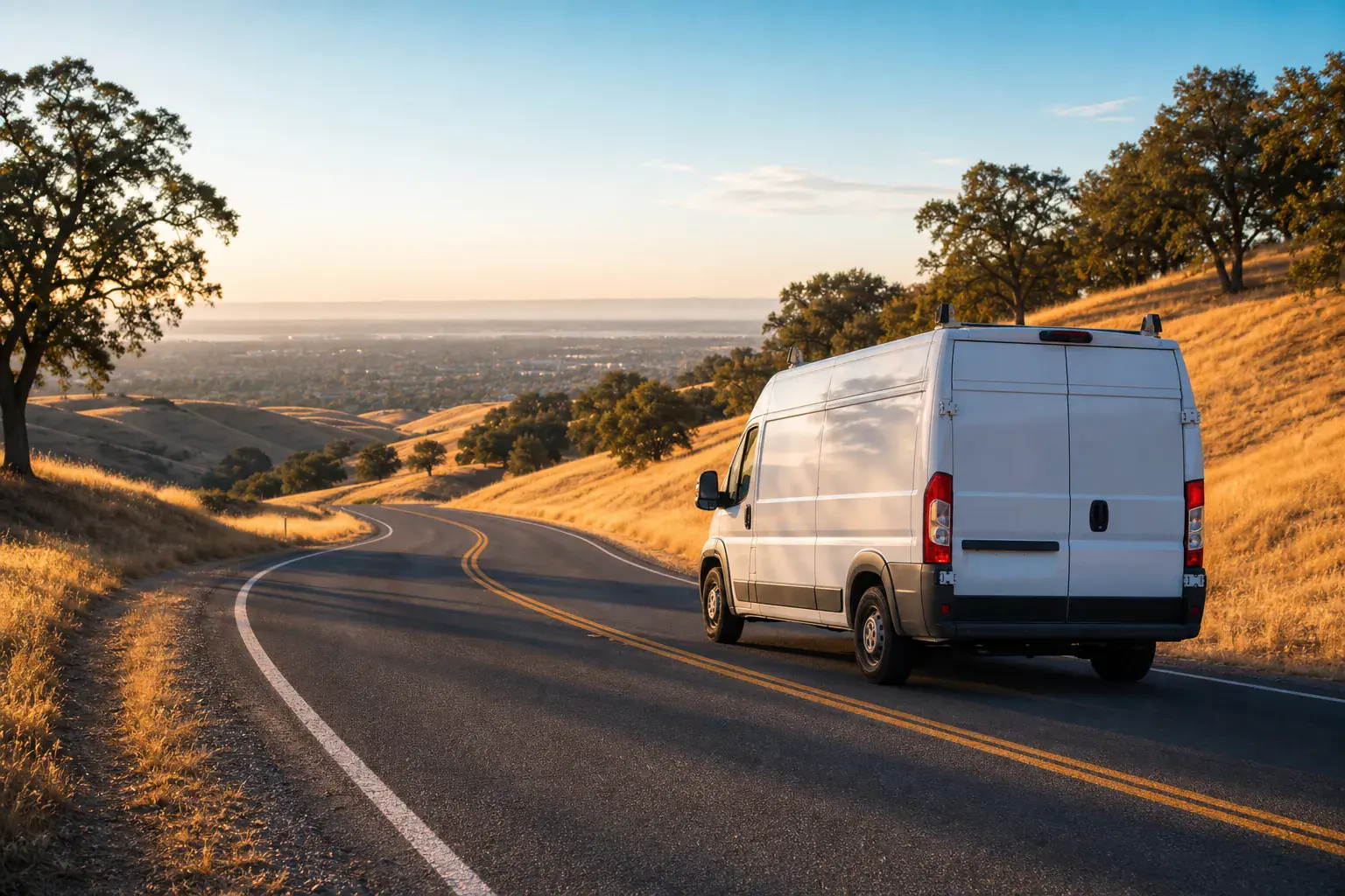 ECHA HVAC Sacramento service van on a foothill road at golden hour, overlooking the greater Sacramento valley