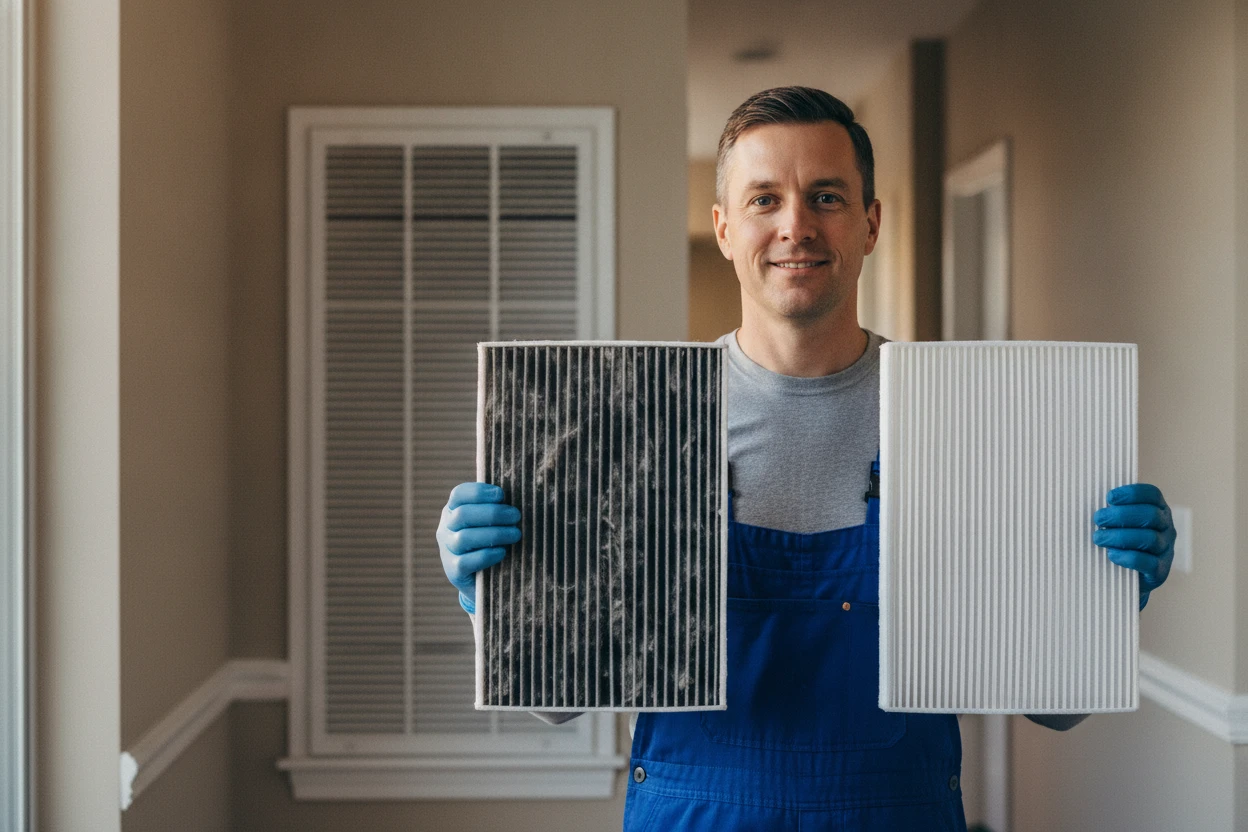Side-by-side comparison of a dirty clogged air filter next to a clean high-MERV replacement