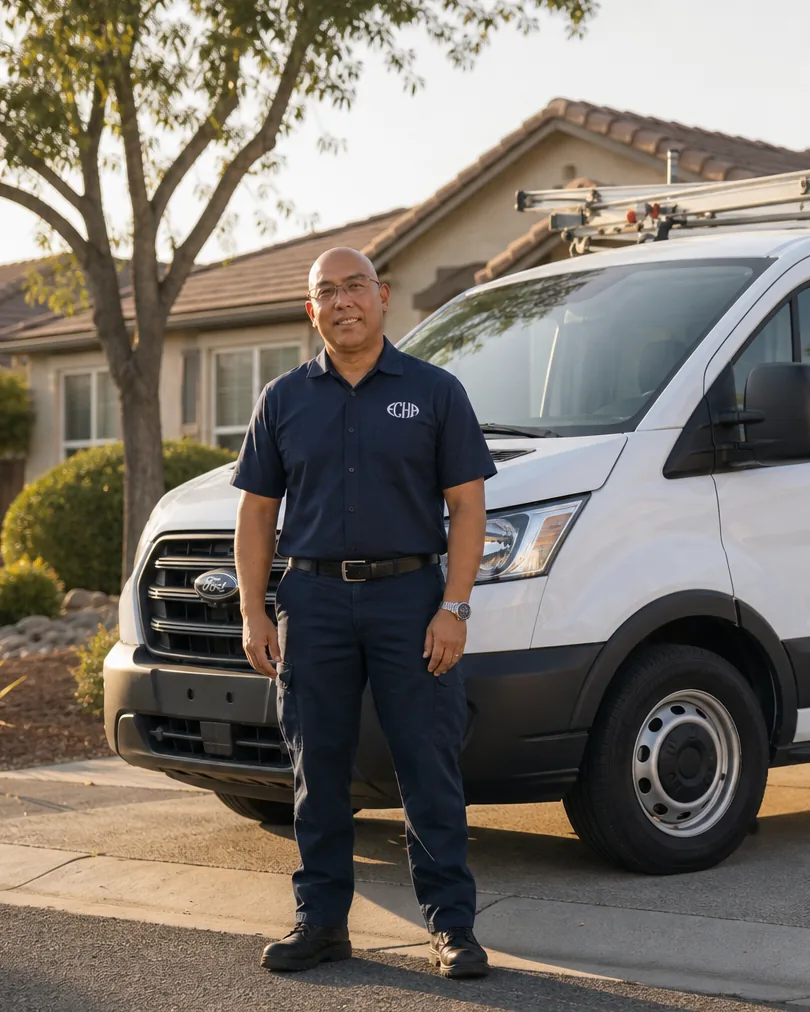 Emerson Cesa, owner of ECHA HVAC, standing beside the branded ECHA service van in a Sacramento driveway at golden hour
