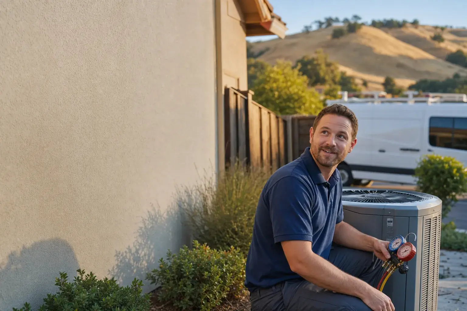 ECHA HVAC technician servicing a residential AC condenser in a Sacramento side yard at golden hour, branded service van in the driveway