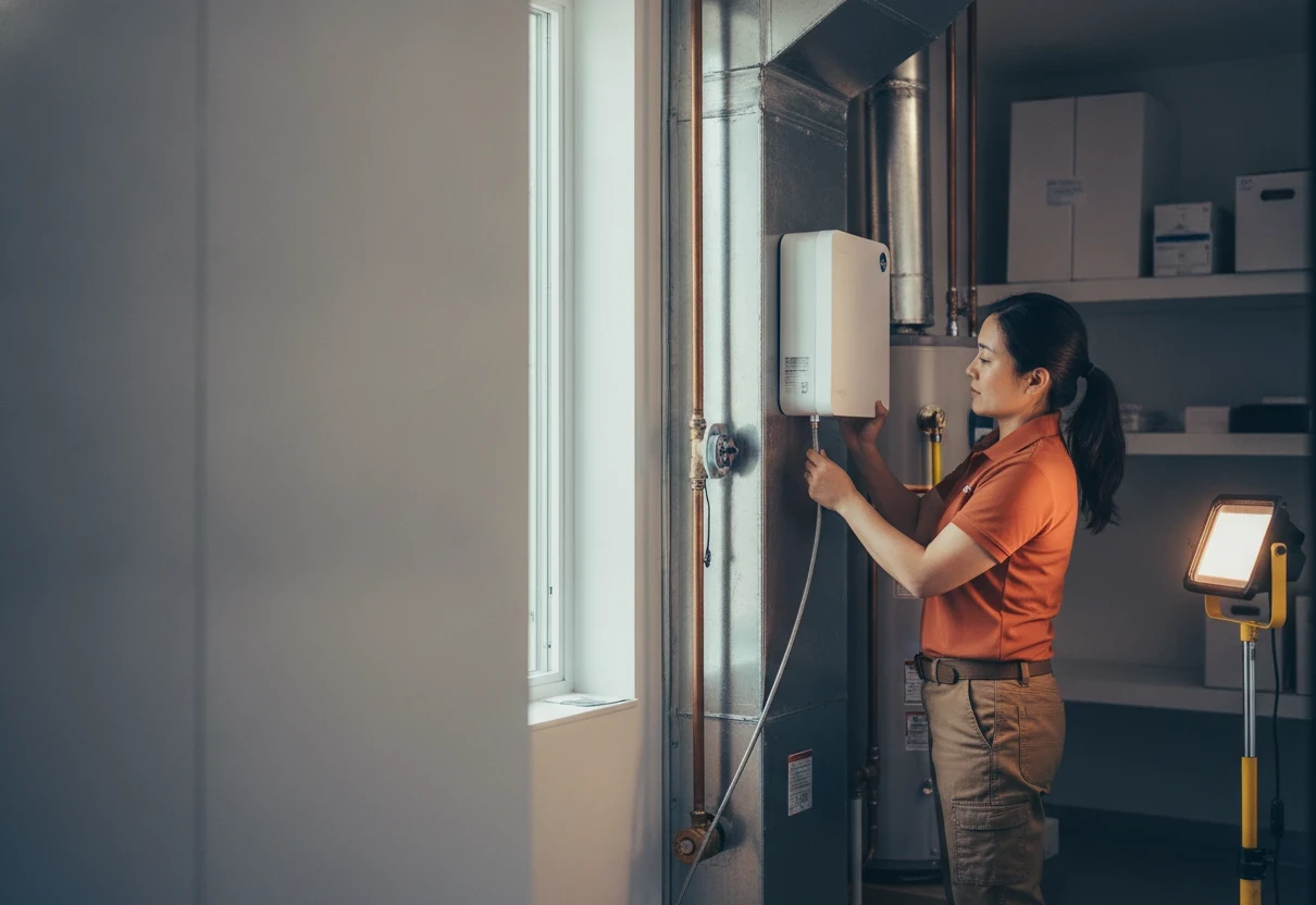 Whole-house humidifier mounted on a furnace in a Sacramento home