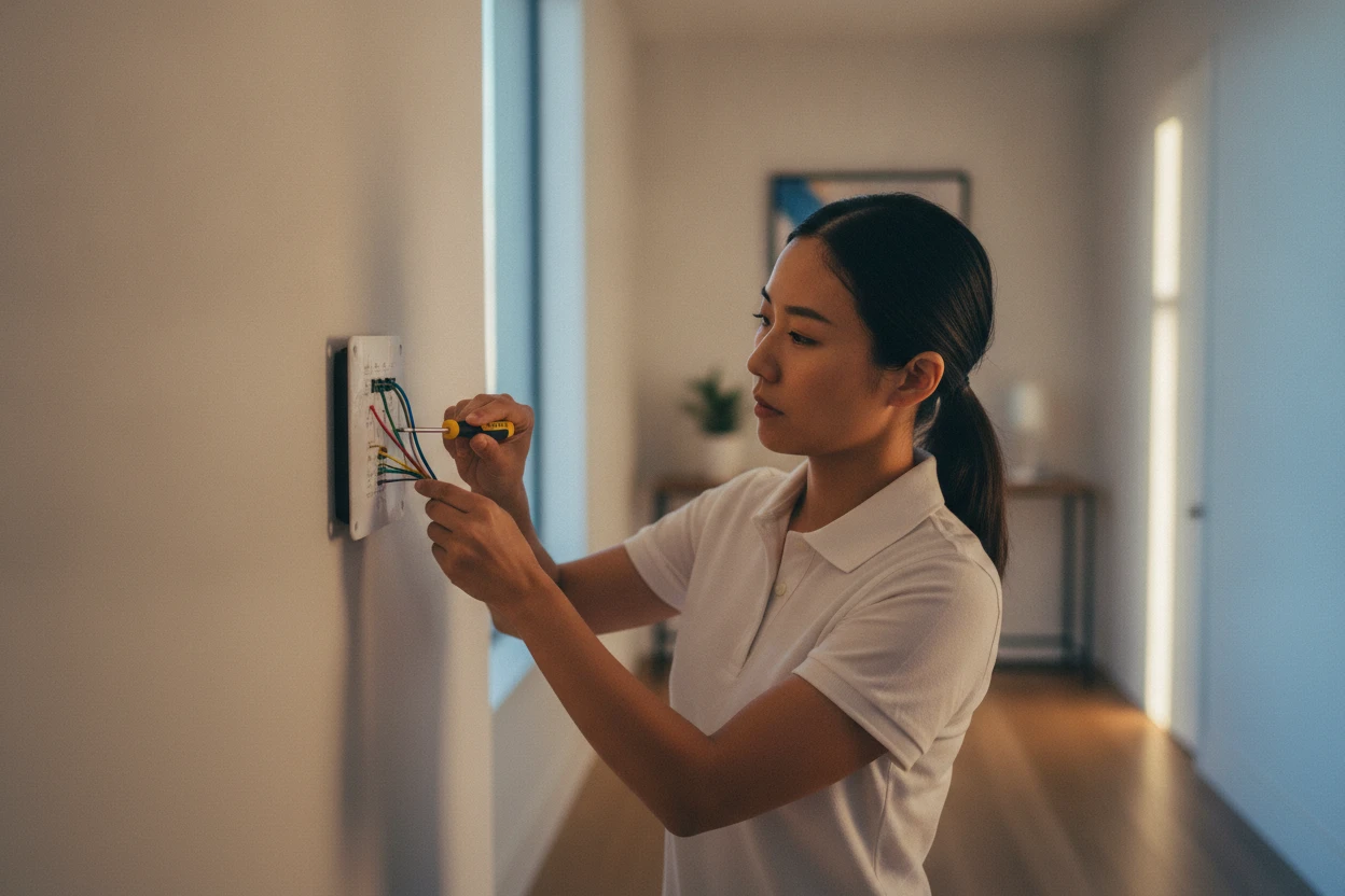 ECHA HVAC technician installing a smart thermostat at a Sacramento home