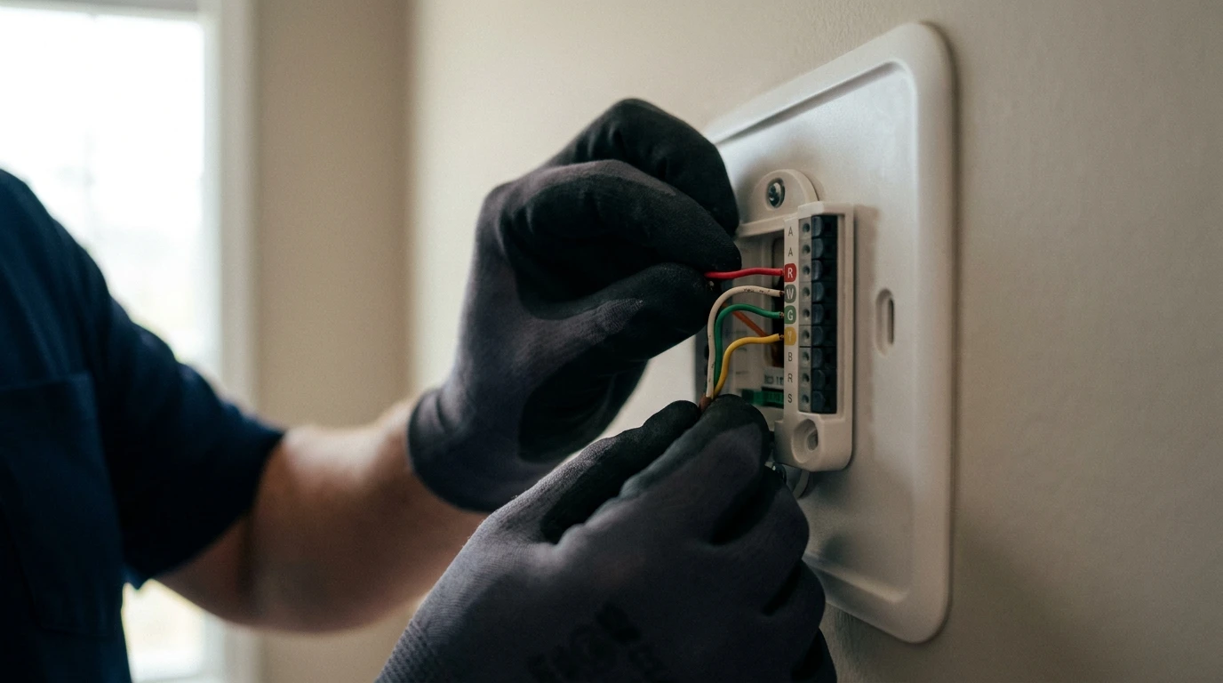 Close-up of a technician connecting thermostat wiring to a labeled wall base in a Sacramento home